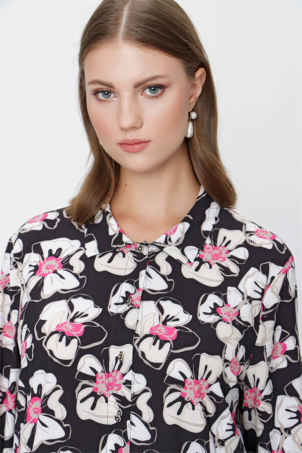 Fuşya Çiçek Desen Gömlek Elbise - 3