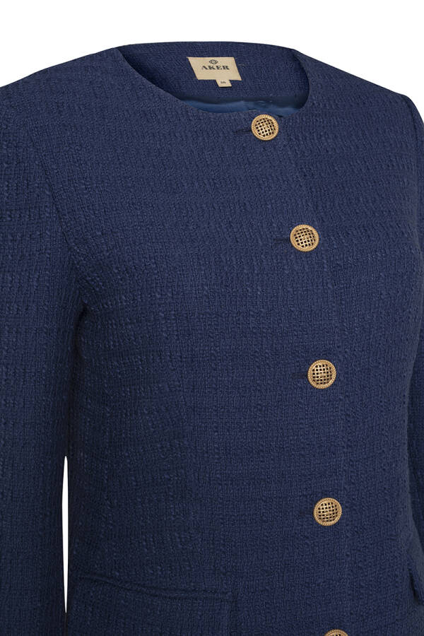 Lacivert Gold Düğme Detaylı Yakasız Düz Kesim Ceket - 2