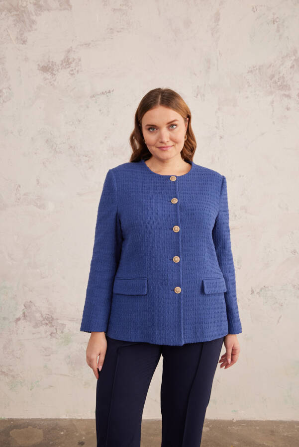 Lacivert Gold Düğme Detaylı Yakasız Düz Kesim Ceket - 4