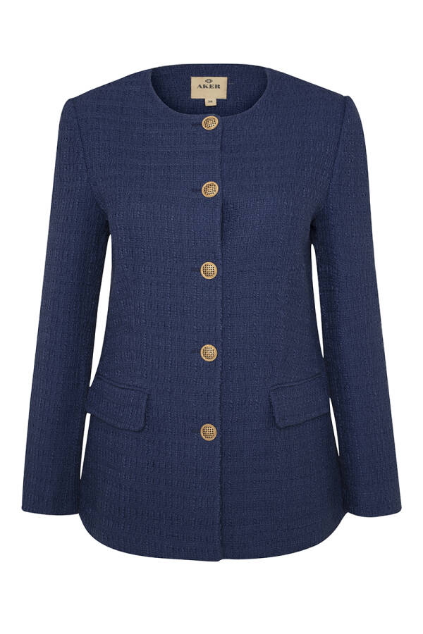 Lacivert Gold Düğme Detaylı Yakasız Düz Kesim Ceket - 1