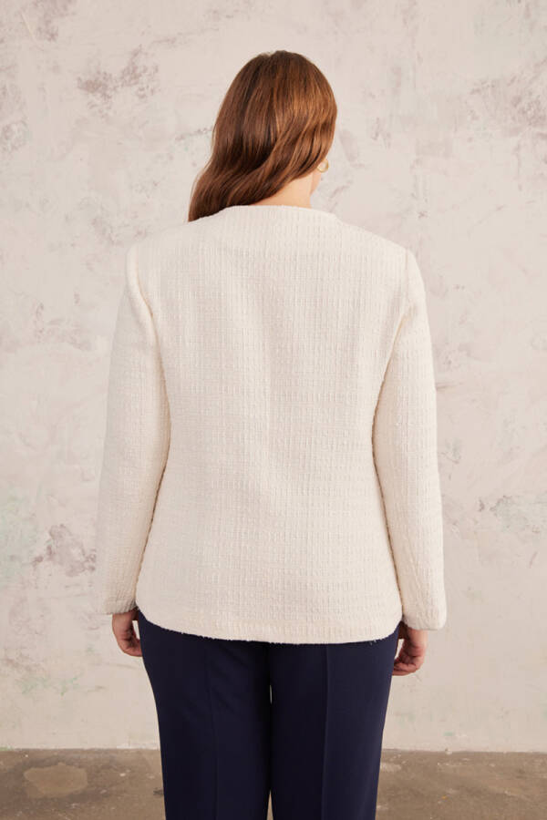 Ekru Gold Düğme Detaylı Yakasız Düz Kesim Ceket - 6