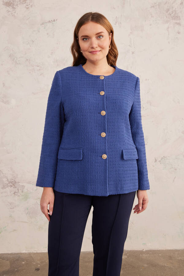 Lacivert Gold Düğme Detaylı Yakasız Düz Kesim Ceket - 1