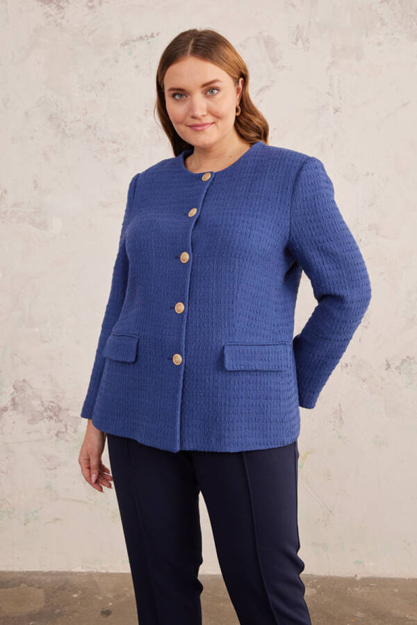 Lacivert Gold Düğme Detaylı Yakasız Düz Kesim Ceket - 2