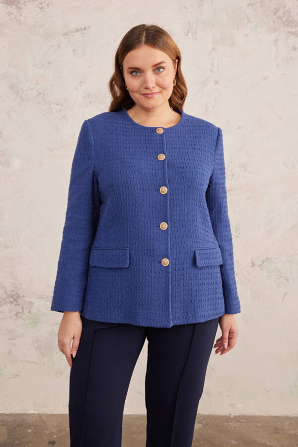 Lacivert Gold Düğme Detaylı Yakasız Düz Kesim Ceket - 3