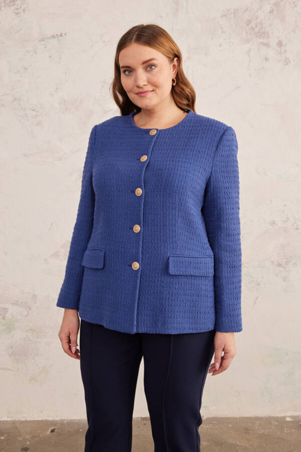 Lacivert Gold Düğme Detaylı Yakasız Düz Kesim Ceket - 4