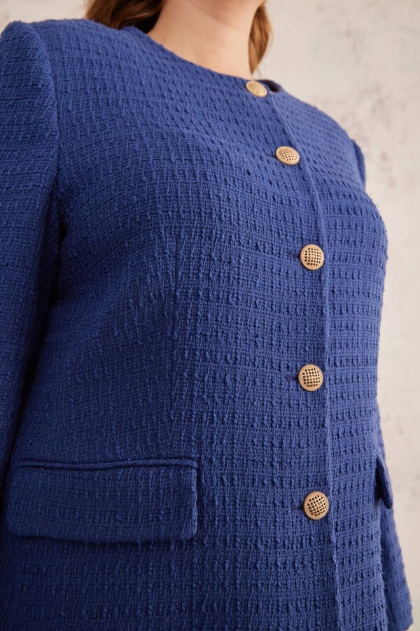 Lacivert Gold Düğme Detaylı Yakasız Düz Kesim Ceket - 5