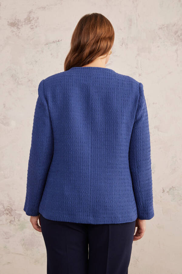 Lacivert Gold Düğme Detaylı Yakasız Düz Kesim Ceket - 6