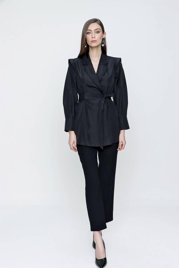 Siyah Kolları Pile Detaylı Kruvaze Ceket - 2