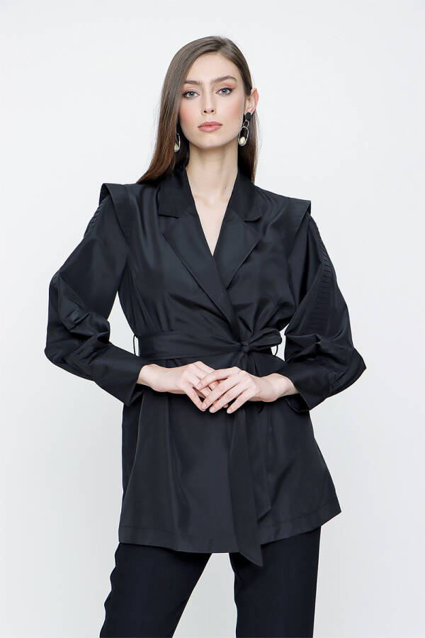 Siyah Kolları Pile Detaylı Kruvaze Ceket - 3