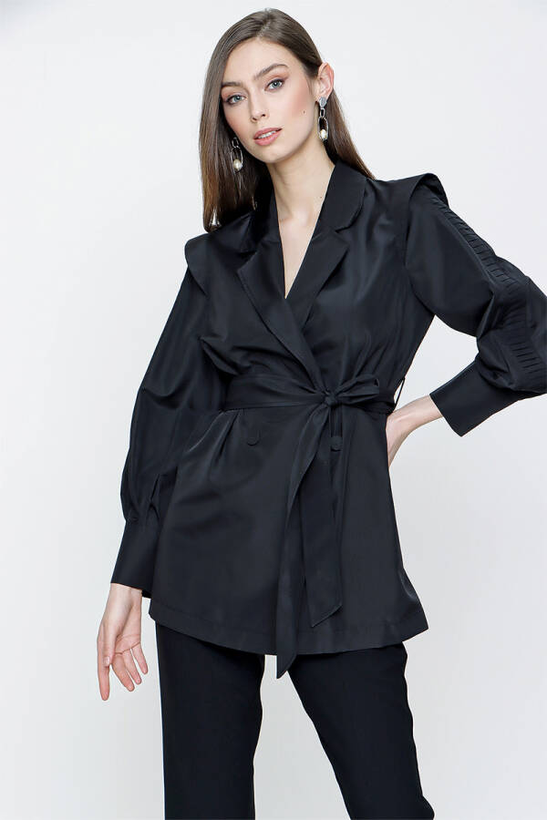 Siyah Kolları Pile Detaylı Kruvaze Ceket - 4