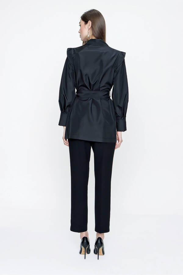 Siyah Kolları Pile Detaylı Kruvaze Ceket - 6