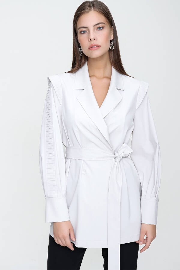 Gri Kolları Pile Detaylı Kruvaze Ceket - 6