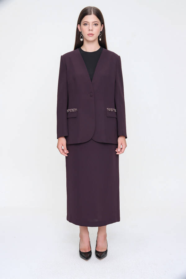 Mürdüm Cep Kapakları İşlemeli Crep Şık Ceket - 1