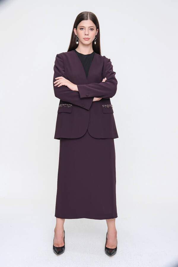 Mürdüm Cep Kapakları İşlemeli Crep Şık Ceket - 2