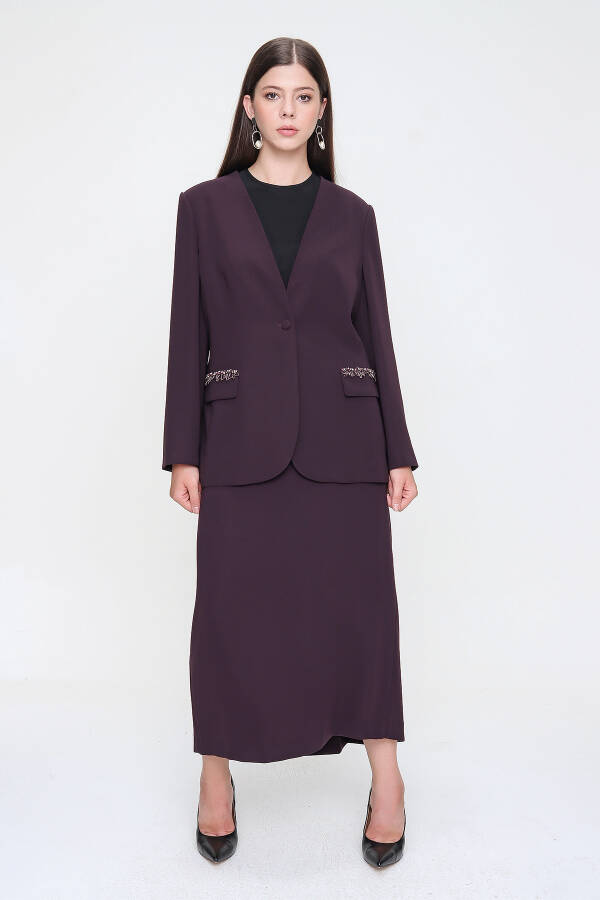 Mürdüm Cep Kapakları İşlemeli Crep Şık Ceket - 3