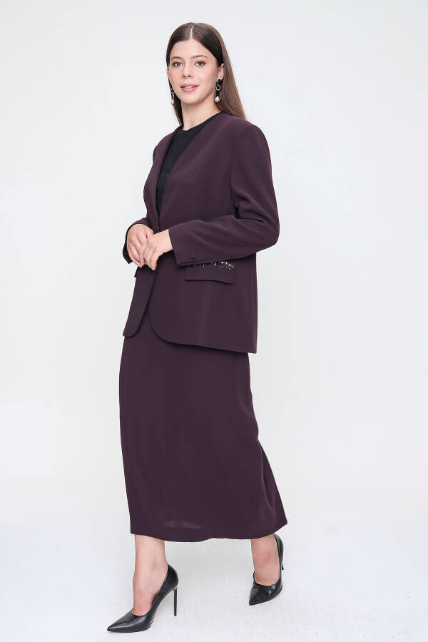 Mürdüm Cep Kapakları İşlemeli Crep Şık Ceket - 4