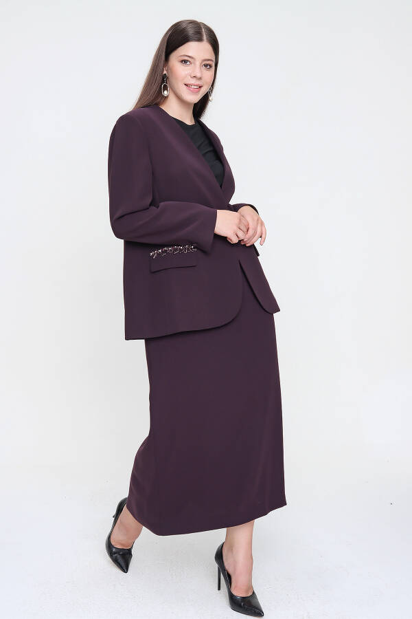 Mürdüm Cep Kapakları İşlemeli Crep Şık Ceket - 5