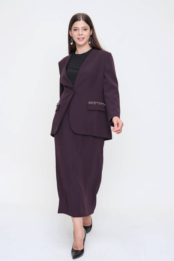 Mürdüm Cep Kapakları İşlemeli Crep Şık Ceket - 6