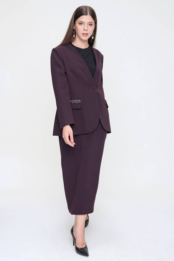 Mürdüm Cep Kapakları İşlemeli Crep Şık Ceket - 7