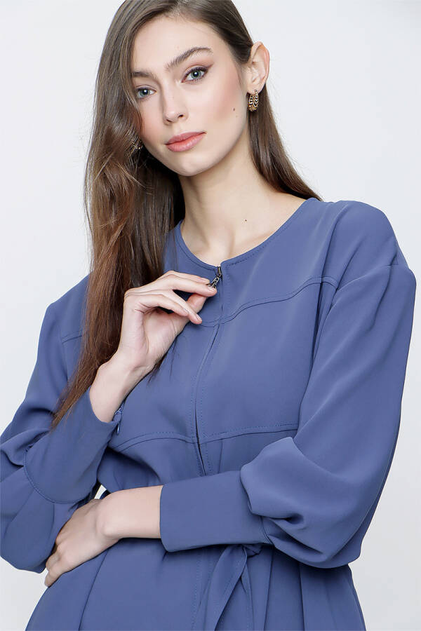Mavi Kol Ucu Fermuar Detaylı Pardösü - 5