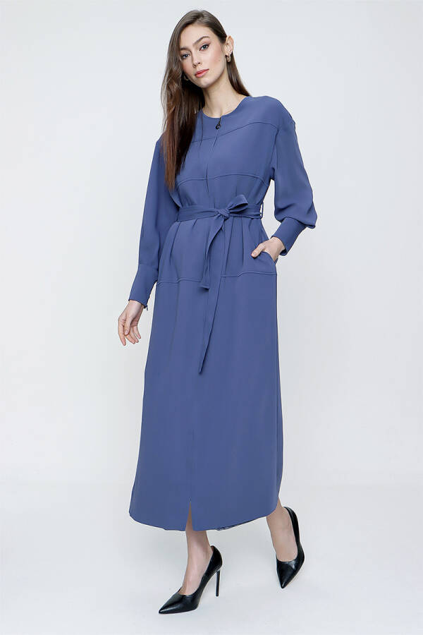 Mavi Kol Ucu Fermuar Detaylı Pardösü - 4