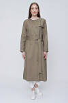 Haki Rüzgarlık Detaylı Kruvaze Kapama Keten Pardösü 