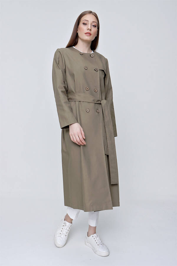Haki Rüzgarlık Detaylı Kruvaze Kapama Keten Pardösü - 2