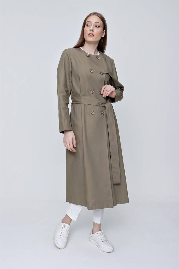 Haki Rüzgarlık Detaylı Kruvaze Kapama Keten Pardösü - 3
