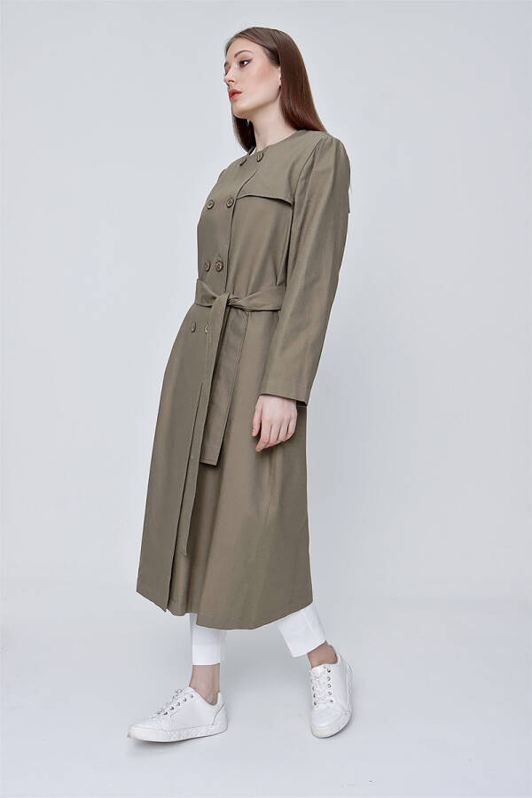 Haki Rüzgarlık Detaylı Kruvaze Kapama Keten Pardösü - 4