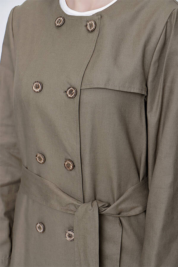 Haki Rüzgarlık Detaylı Kruvaze Kapama Keten Pardösü - 5