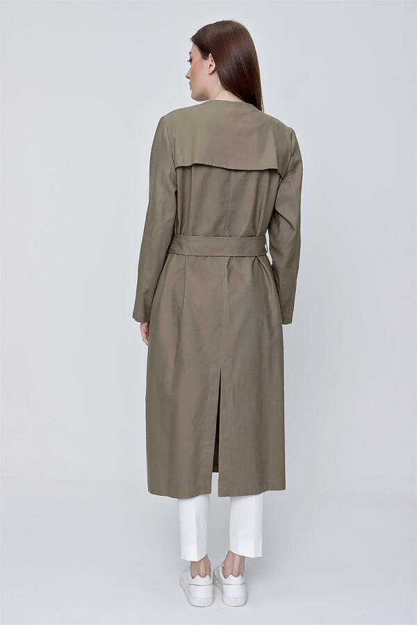 Haki Rüzgarlık Detaylı Kruvaze Kapama Keten Pardösü - 6