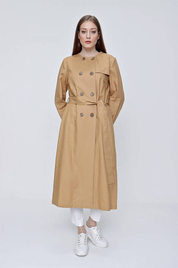 Camel Rüzgarlık Detaylı Kruvaze Kapama Keten Pardösü - 3
