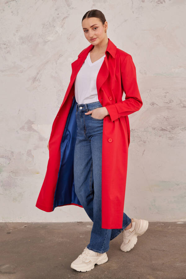 Kırmızı Belden Bağlamalı Trençkot - 2