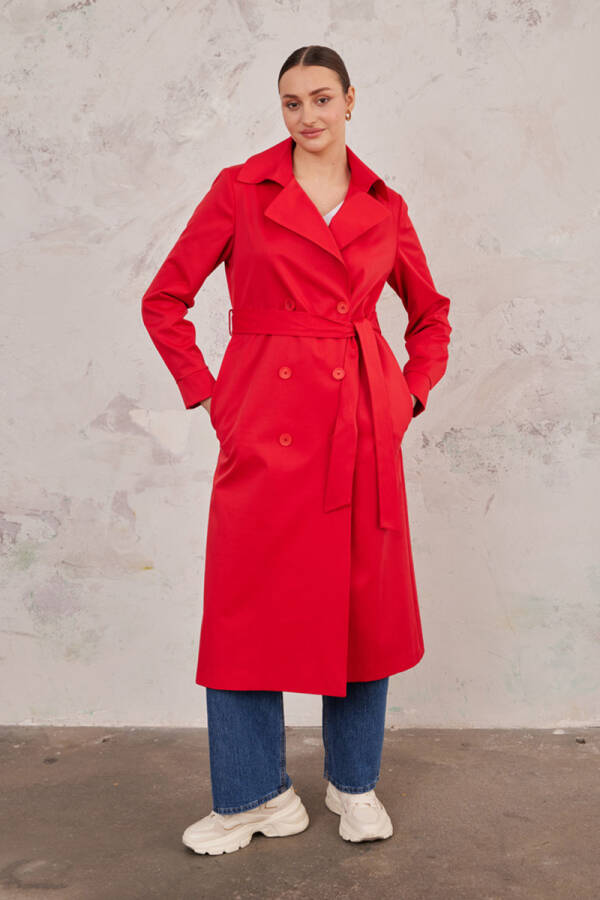 Kırmızı Belden Bağlamalı Trençkot - 4