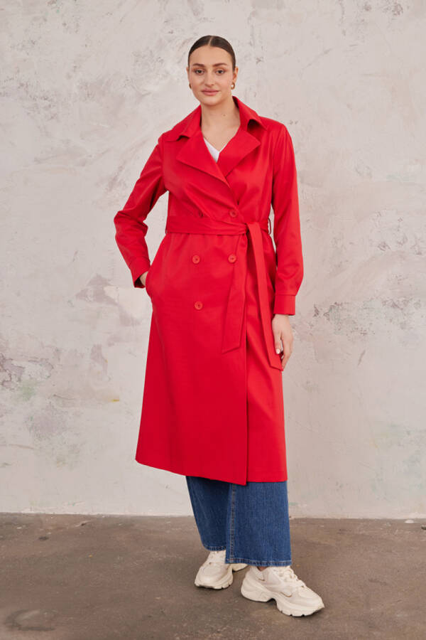 Kırmızı Belden Bağlamalı Trençkot - 5