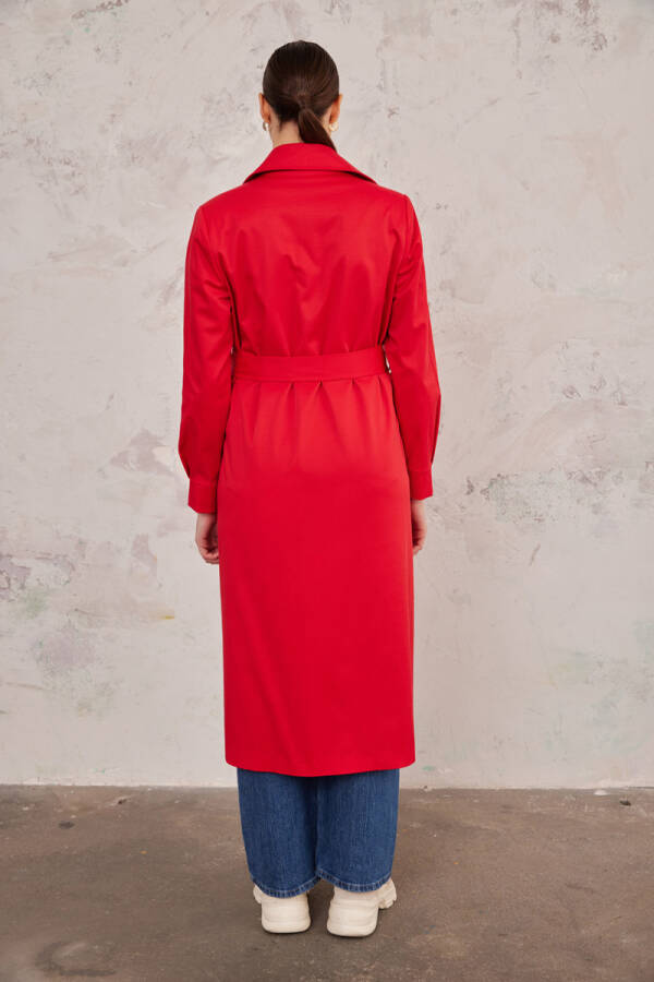 Kırmızı Belden Bağlamalı Trençkot - 6