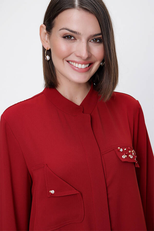 Bordo İşleme Detaylı Belden Kuşaklı Ferace - 5