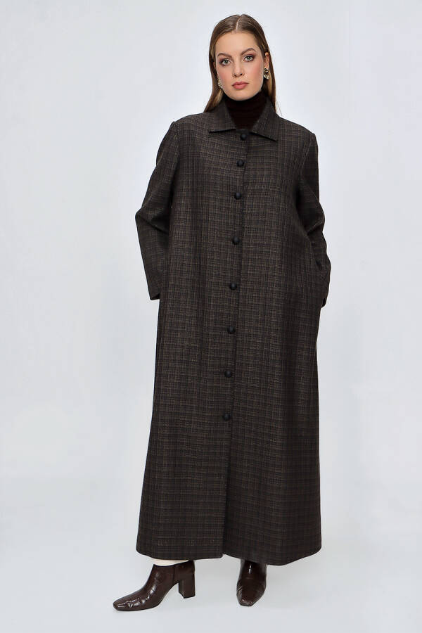 Kahverengi Ekose Yün Tuşe Manto - 2