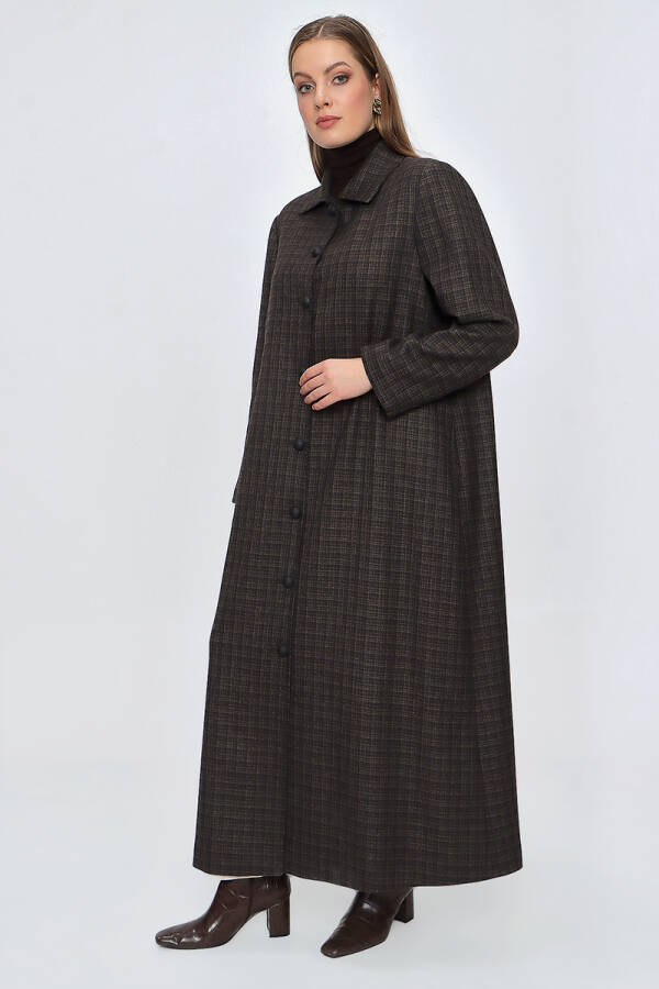 Kahverengi Ekose Yün Tuşe Manto - 3