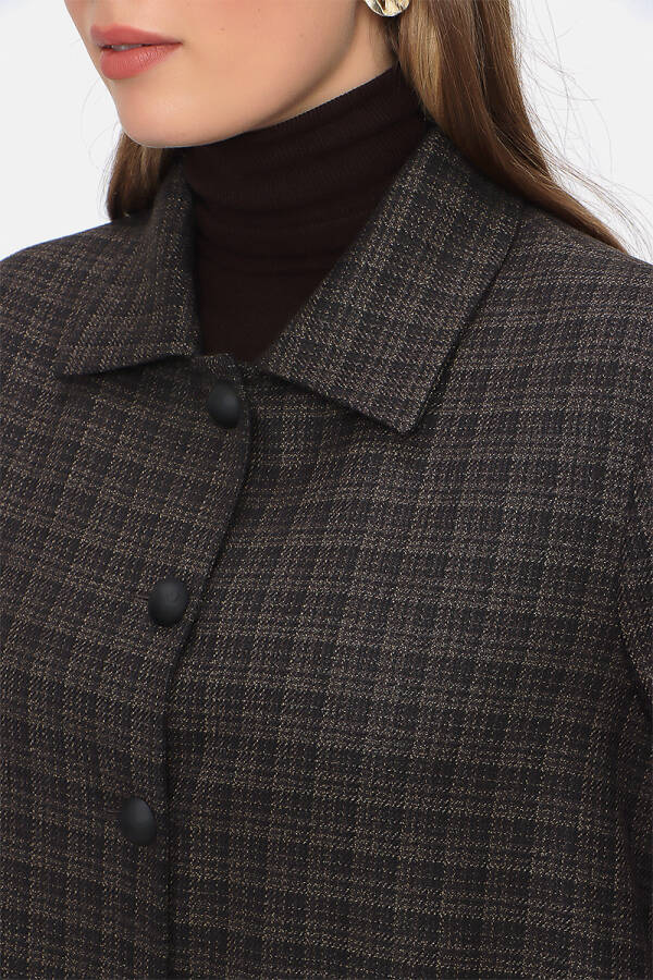 Kahverengi Ekose Yün Tuşe Manto - 5