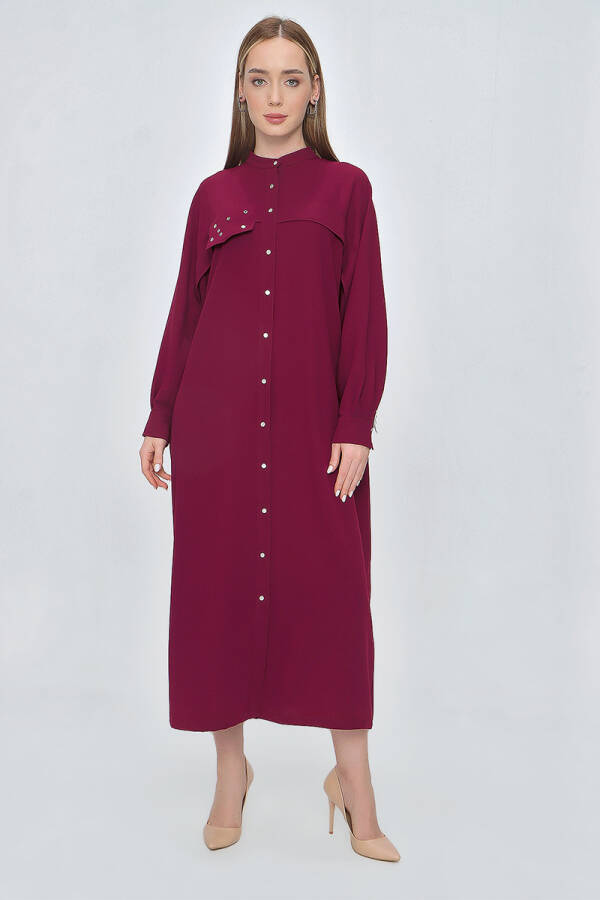 Bordo Sırtı Zincir Detaylı Hakim Yaka Ferace - 5