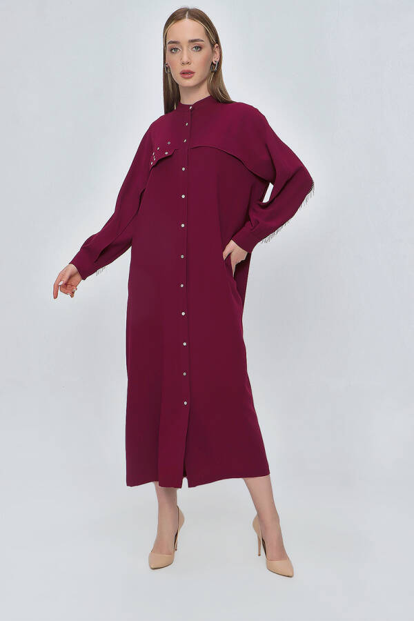 Bordo Sırtı Zincir Detaylı Hakim Yaka Ferace - 6