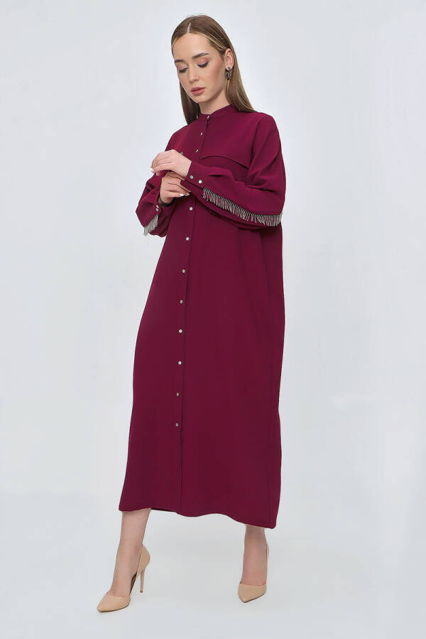 Bordo Sırtı Zincir Detaylı Hakim Yaka Ferace - 1