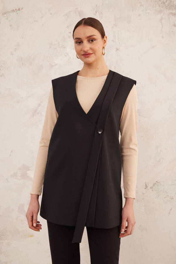Siyah Tek Düğme Yakasız Yelek - 3