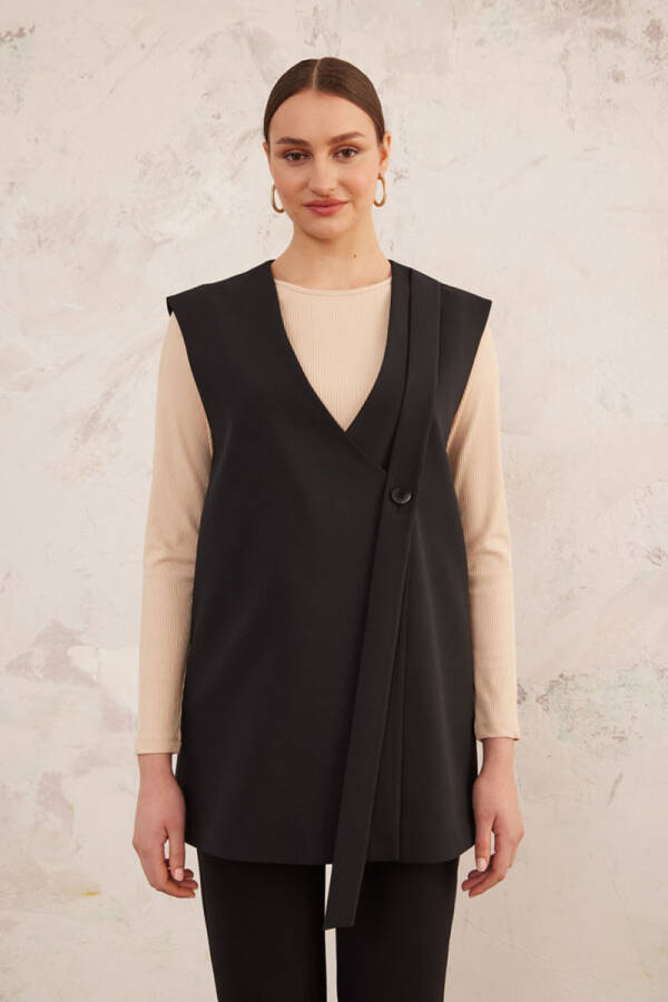 Siyah Tek Düğme Yakasız Yelek - 6