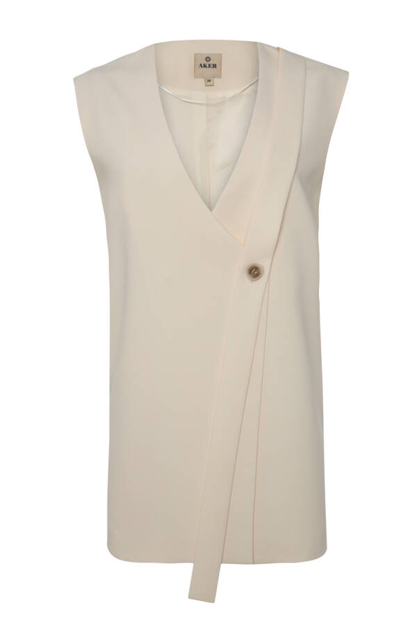 Ekru Tek Düğme Yakasız Yelek - 1