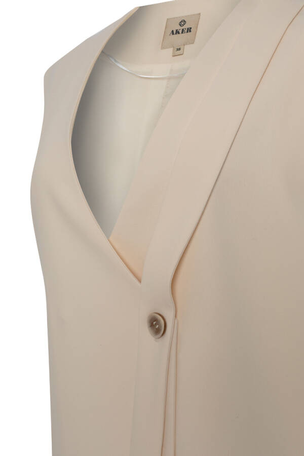 Ekru Tek Düğme Yakasız Yelek - 3