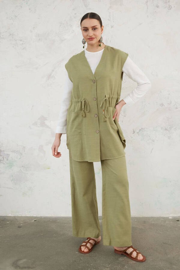 Haki Belden Bağcıklı Keten Yelek - 1