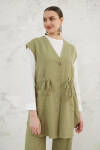 Haki Belden Bağcıklı Keten Yelek - 4