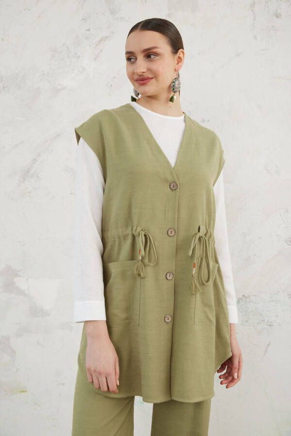 Haki Belden Bağcıklı Keten Yelek - 4